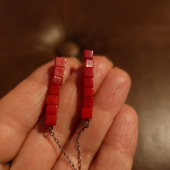 Red coral square beads & sterling silver Sherzada earrings dangle drop 3" long - Picture 3 of 10